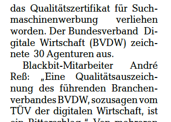 Articolo GT: Blackbit è l'unica agenzia della Bassa Sassonia meridionale ad aver ottenuto il certificato di qualità per la pubblicità sui motori di ricerca. | © Göttinger Tageblatt GmbH & Co. KG